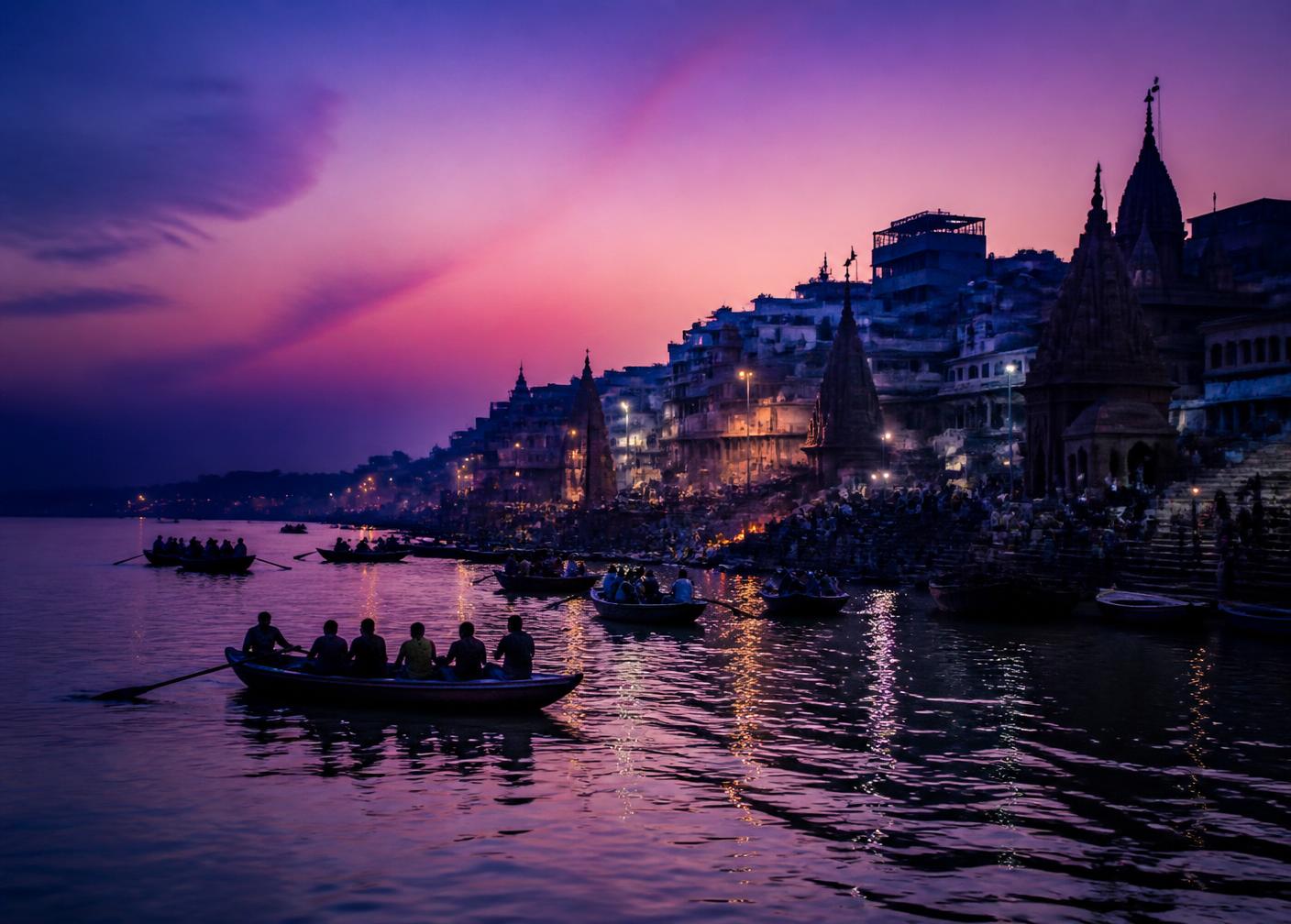 Boats on the Ganges beside the ghats of Varanasi at dusk